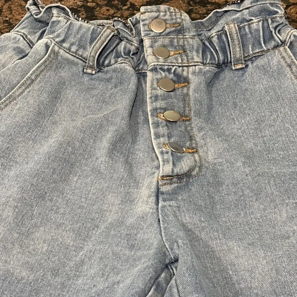 Forever 21 Denim LightWash Short Sz Small High-Rise Button Butterfly Paper Bag - Picture 3 of 7
